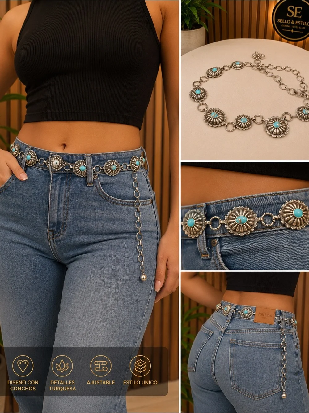 Turquoise Accent Silver Floral Concho Chain Belt - Women Accessories